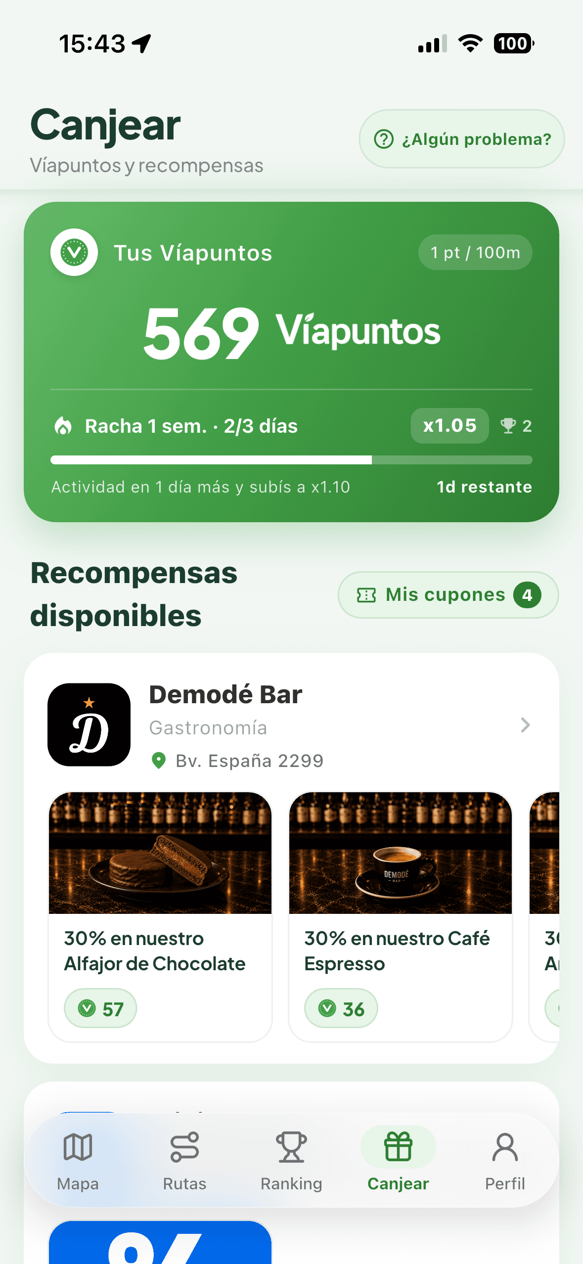 Pantalla de recompensas de la app con los Víapuntos disponibles para canjear
