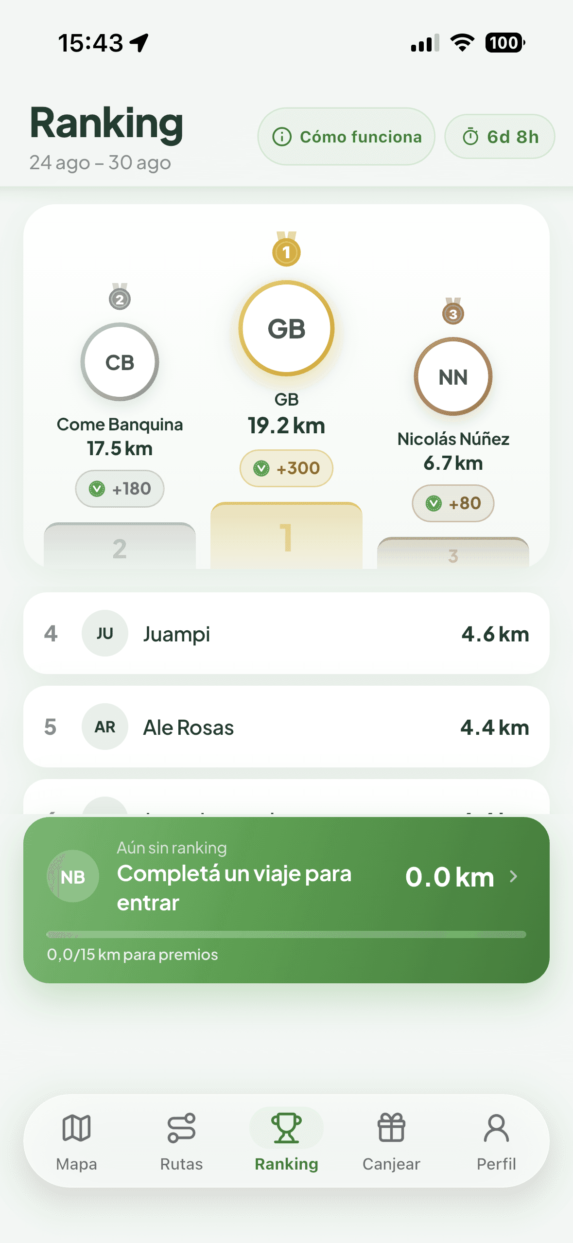 Pantalla de ranking semanal de la app con el podio de kilómetros recorridos