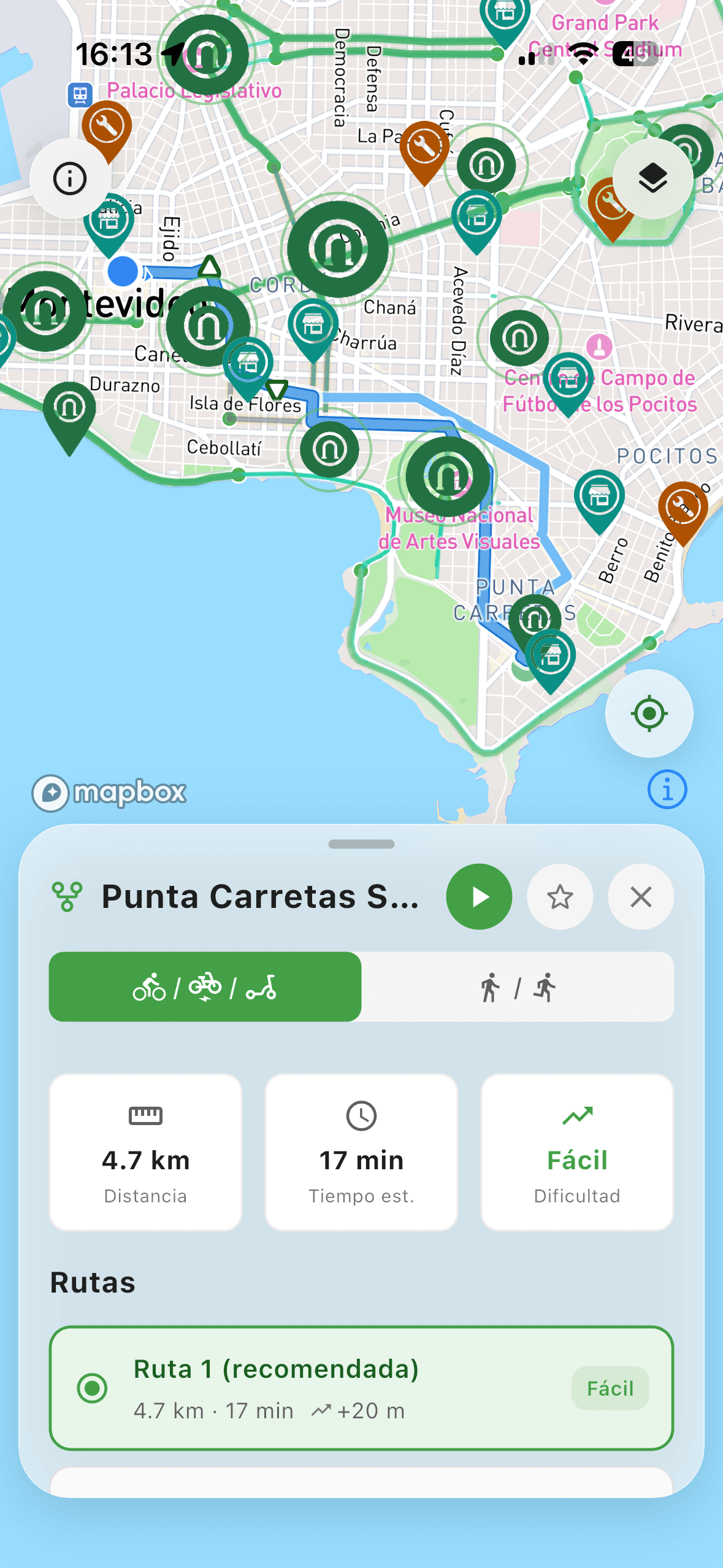 Ruta trazada hacia la Intendencia de Montevideo con distancia, tiempo y dificultad
