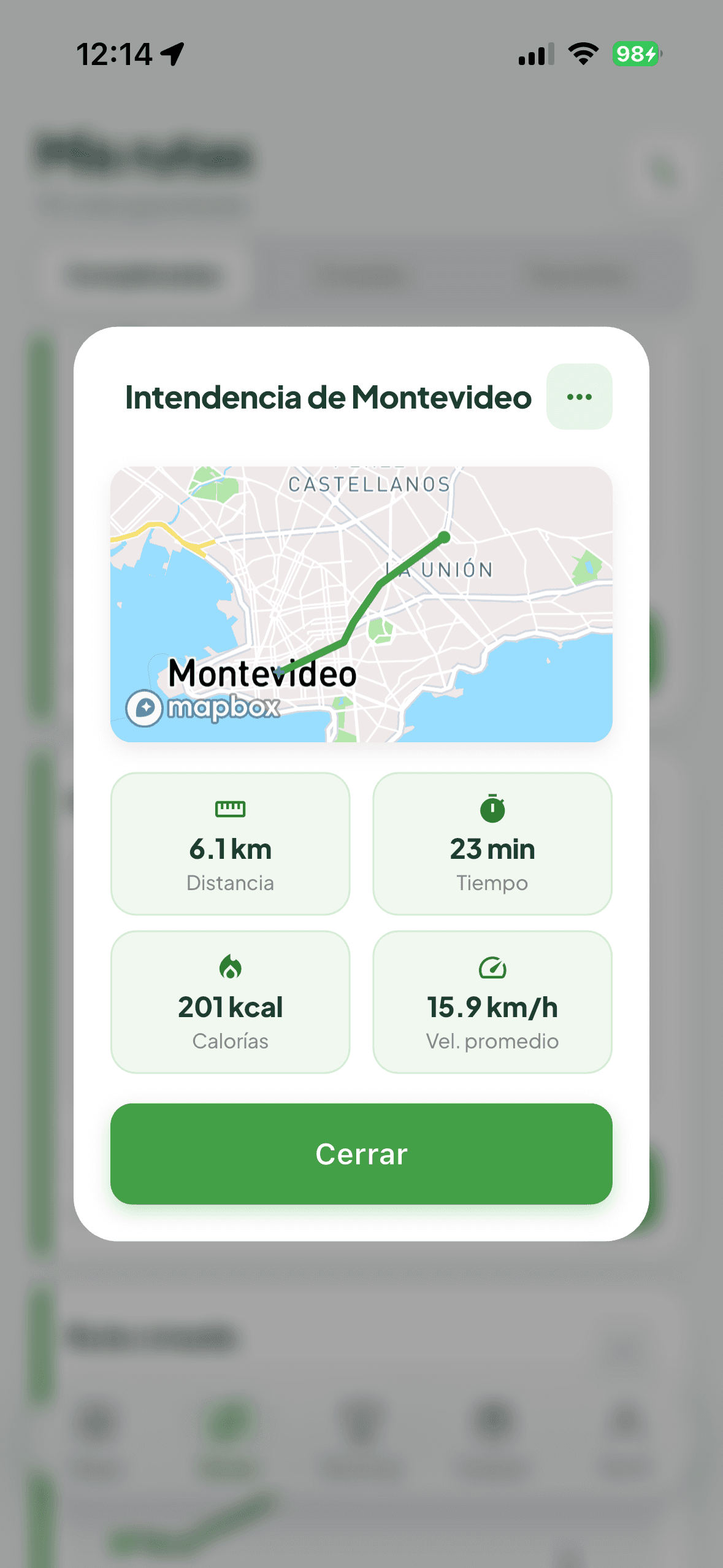 Tarjeta de ruta compartida con el mapa del recorrido y sus estadísticas
