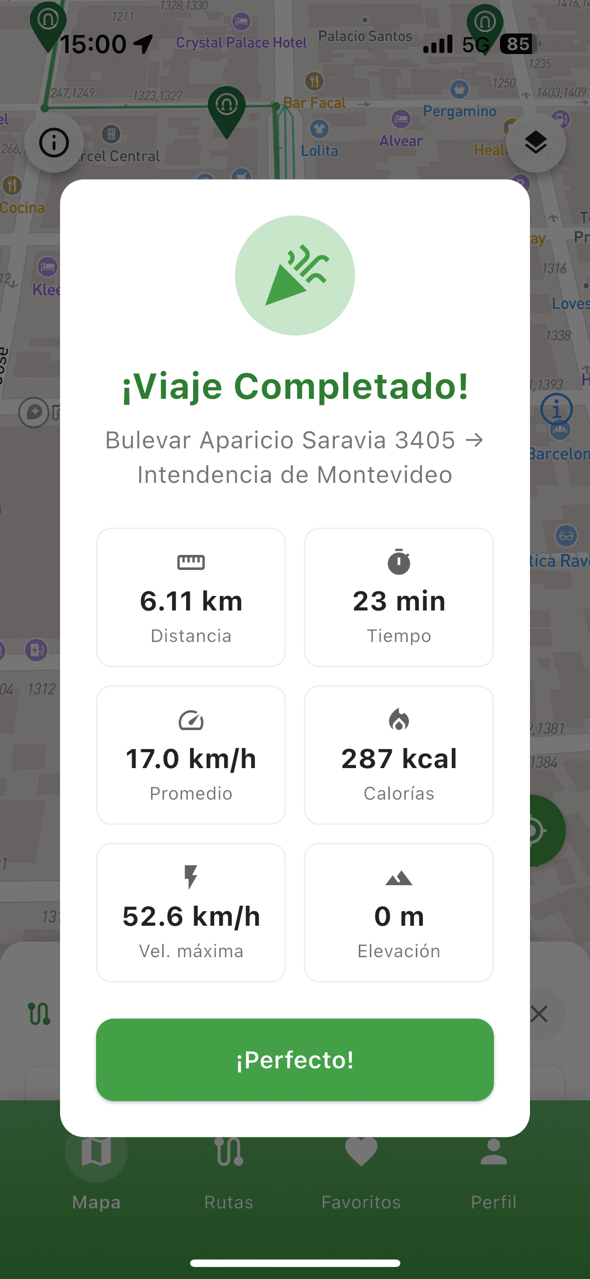 Resumen de viaje completado con distancia, tiempo, velocidad y calorías