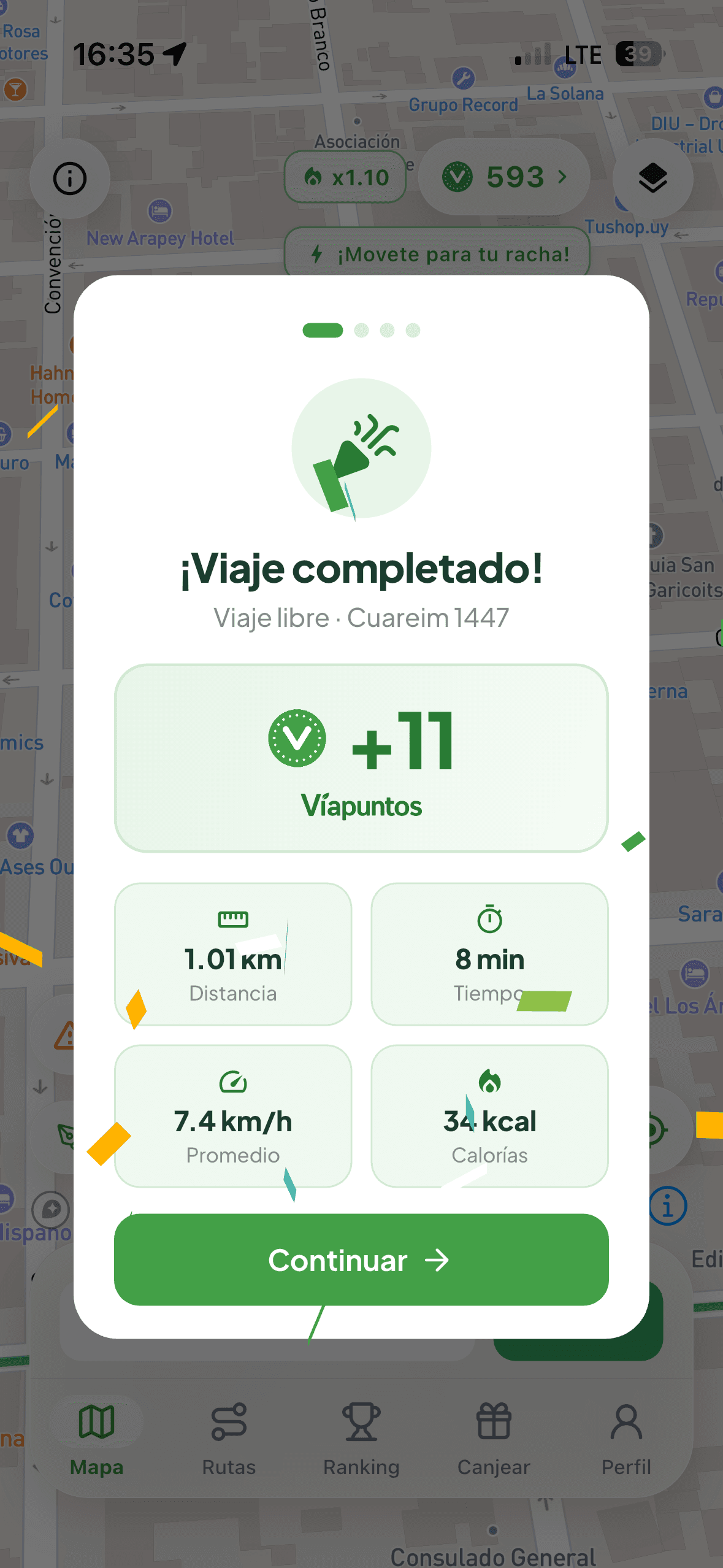 Resumen de viaje completado con distancia, tiempo, velocidad y calorías